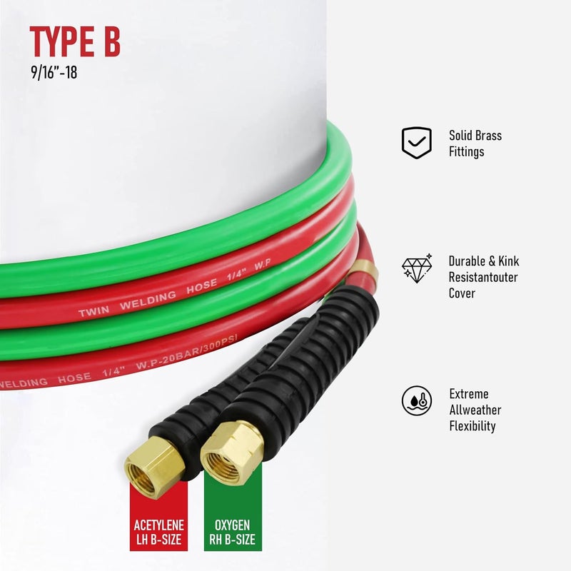 RX WELD Oxygen Acetylene Hose 1/4-Inch × 50 Feet with 9/16"-18 B fittings,Torch Hose,Grade R (50 Feet) - Image 2